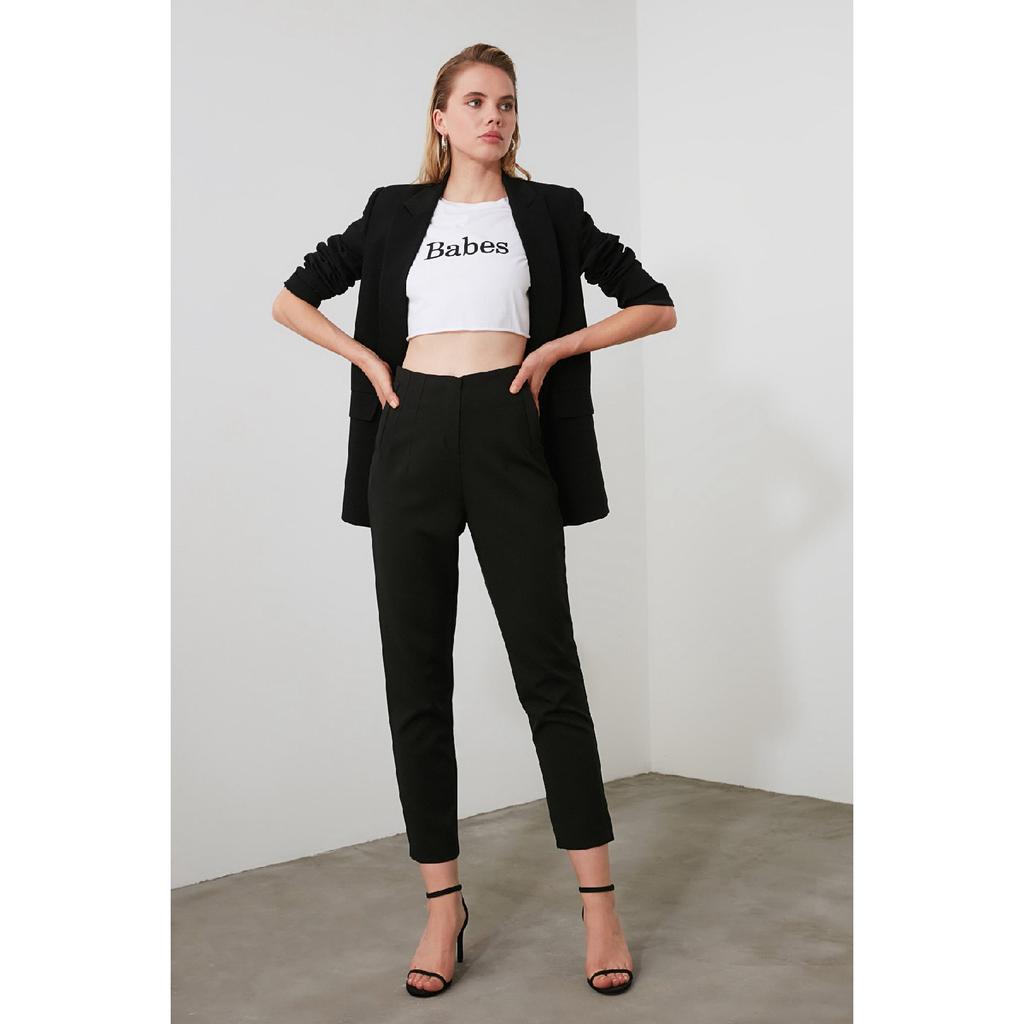 Czarne tkane spodnie w papierosowe wzory, z wysokim stanem i do kostek Twoss20pl0515