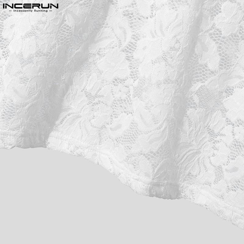 INCERUN T-shirt d'été à manches courtes et col à revers pour homme, en dentelle et maille transparente, avec perspective