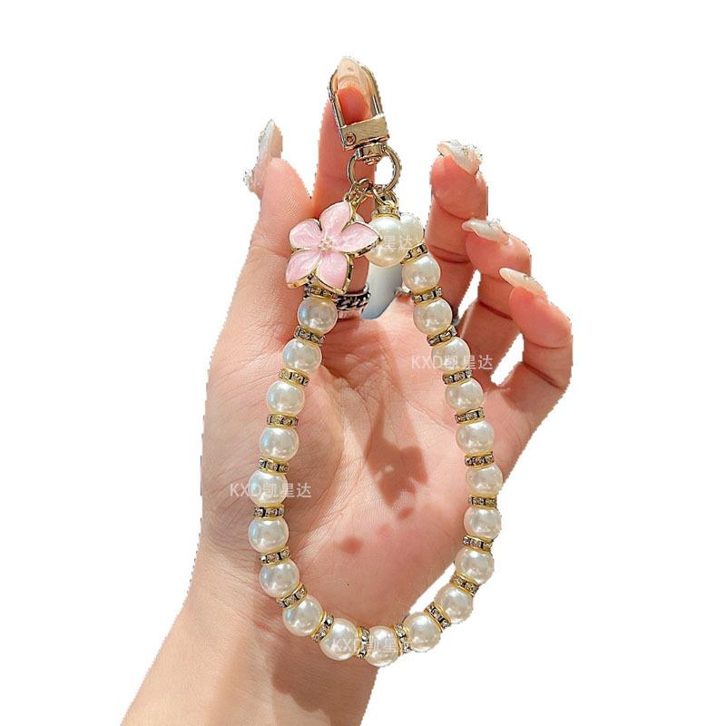 Phone Lanyard Handheld Small Pearl Round Bead Bracelet Rhinestone Pendant Women's Ins Style Flower Handmade Beaded