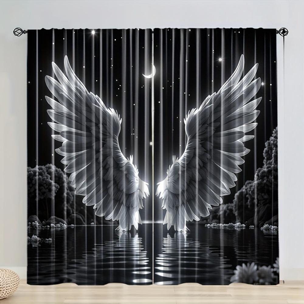 

Set Of 2 Black Night Sky Angel Wings Polyester Curtains Home Office Decor Curtain With Rod Pocket Semi Sheer Perfect For Study W100*H70(CM)-Grommet top&2PCS