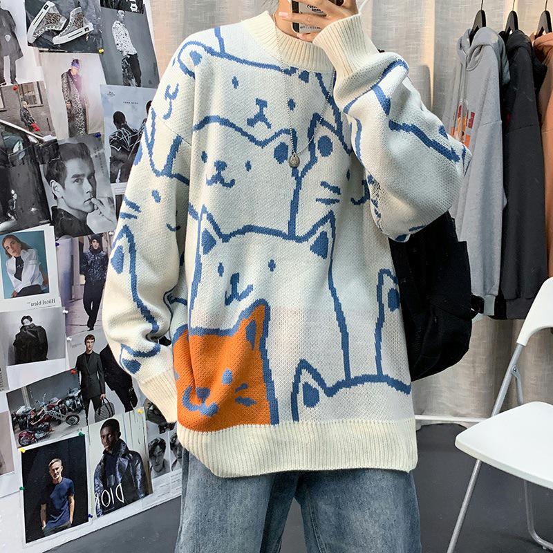 Men's Hong Kong Style Cartoon Sweater – Loose Fit, Trendy, Round Neck, Spring/Autumn.