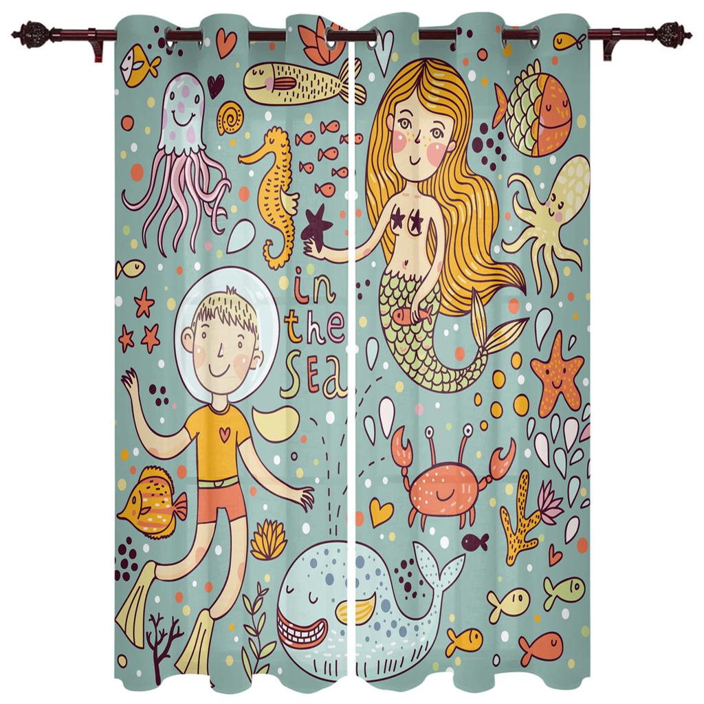 Mermaid Cartoon Children Luxury Curtains for Living Room Window Treatment Curtain for Bedroom Home Decor