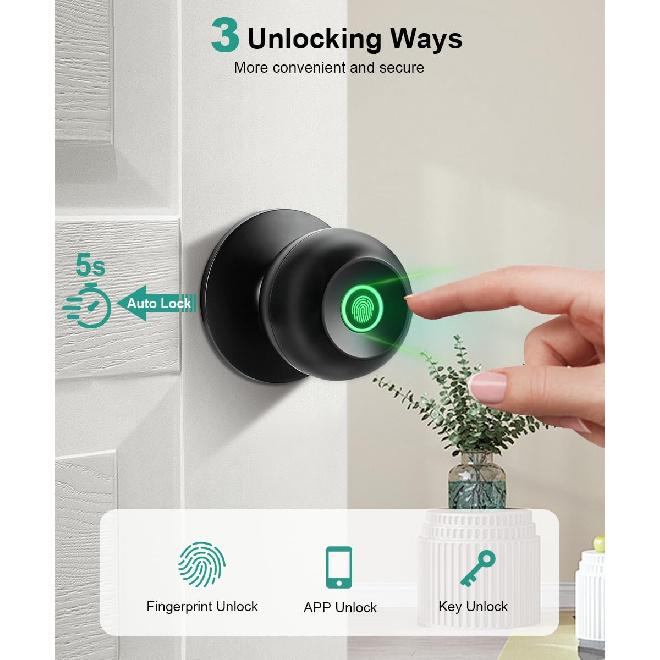 Fingerprint Door Lock, Smart Fingerprint Door Knob with Lock, Biometric Door knob with App Control & Key, Keyless Thumbprint Entry Door Lock for