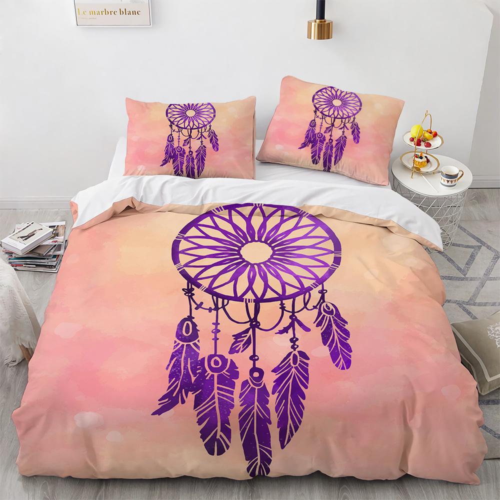Dream Catcher Duvet Cover Set Colourful Feather Red Flower Romantic Theme Comforter Cover King Full Size for Kid with Pillowcase