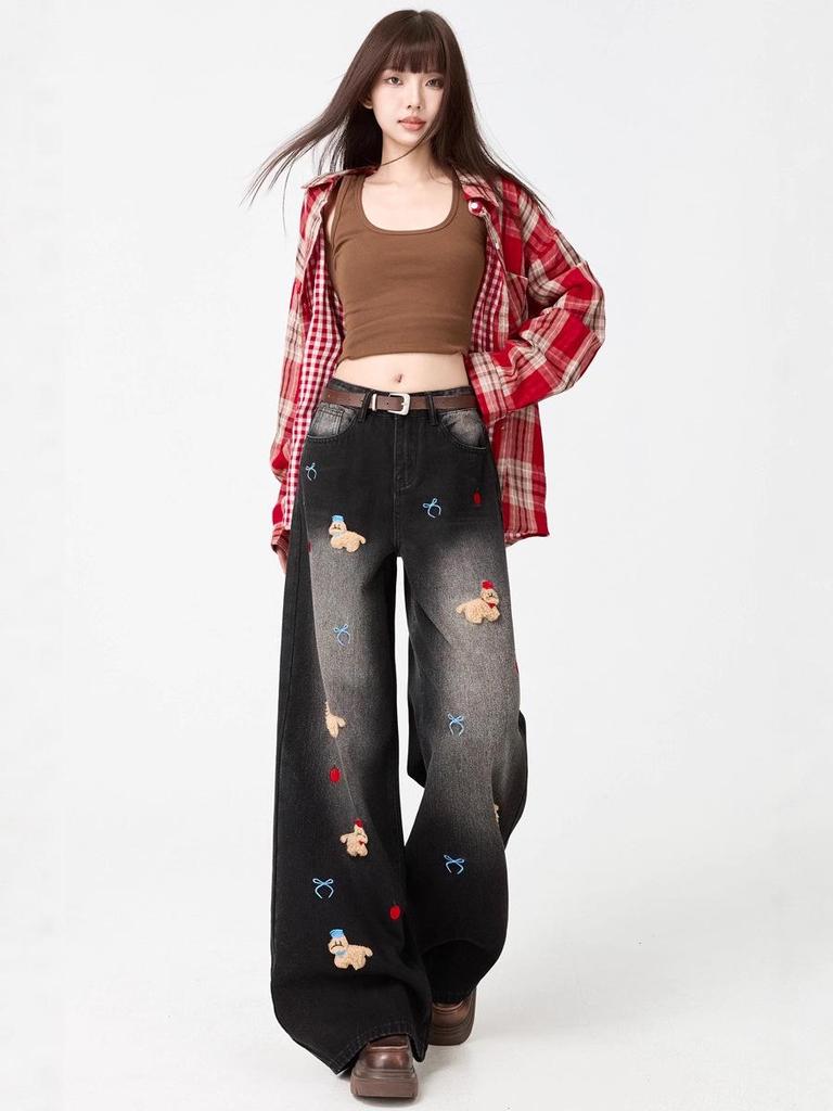 Women's Retro Puppy Embroidered Wide-Leg Jeans - Autumn Slimming Design