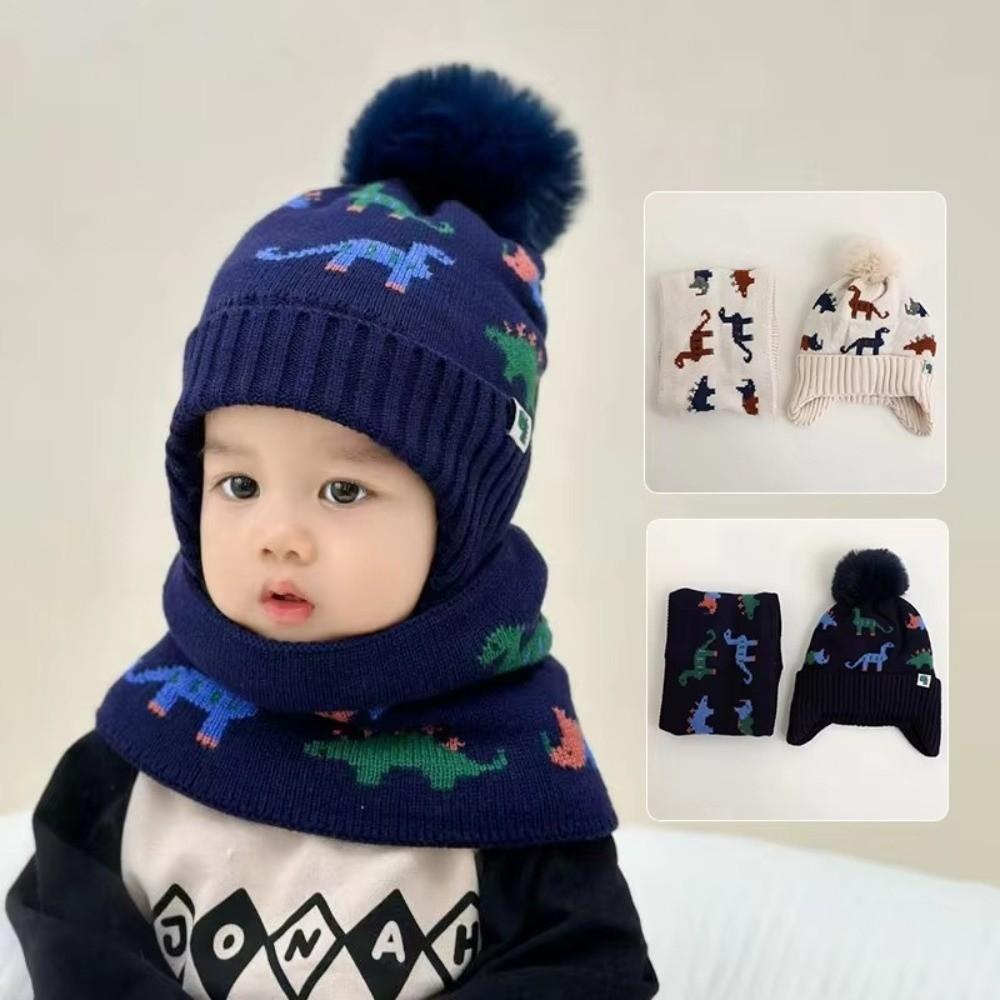 2Pcs Set Warm Baby Beanie Cap Cartoon Dinosaur Kids Ear Protection Hats Cute Scarf Set  Winter