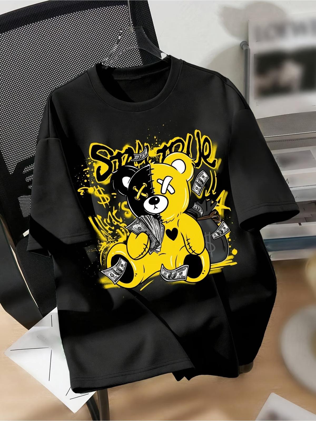 Men S Graphic T-Shirt - Retro Streetwear Tee with Cute Yellow Bear & Graffiti Le XL