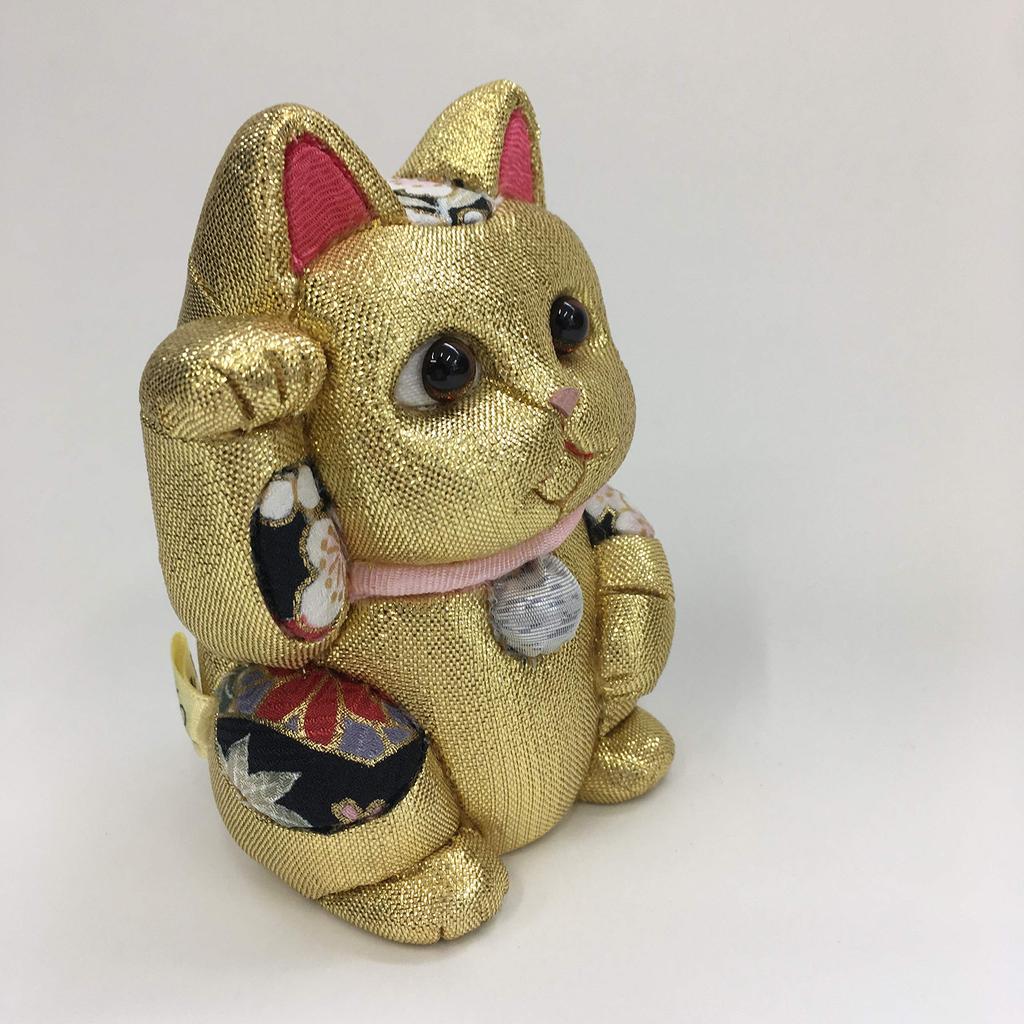 Lucky Cat Small Feng Shui Gold Traditional Craftsman Toko Kakinuma Kimekomi Doll Made In Japan