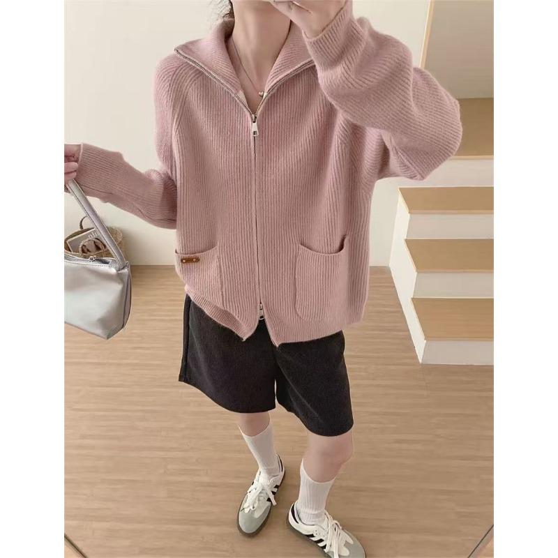 Autumn and winter lapel collar double zipper solid color double pocket casual cardigan temperament thin versatile lazy style knitted sweater