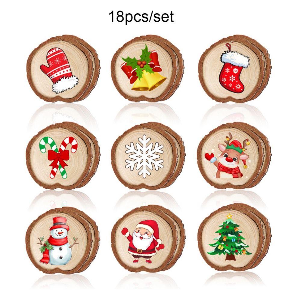 18pcs/set Vintage Christmas Tree Wood Pendant Cartoon Xmas Tree Hanging Ornament New Year