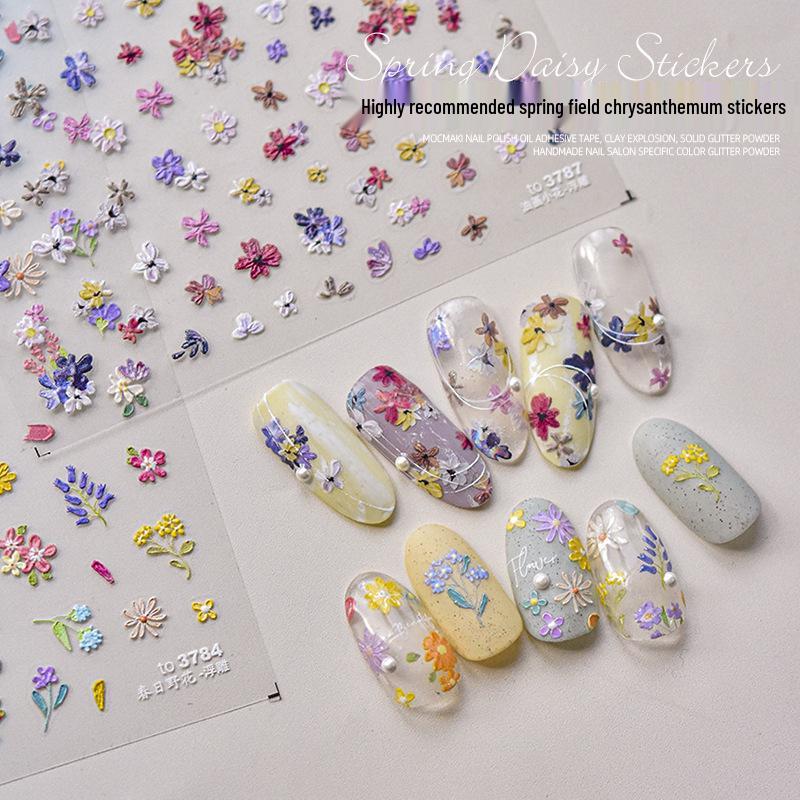 

2024 Spring Floral Embossed Daisy Nail Stickers - Petite Wildflower Petal Decoration