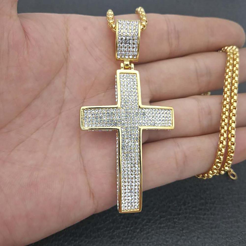Stainless Steel Big Jesus Cross Pendant Male Gold Silver Color Iced Out Bling Christian Necklace for Men Religious Jewelry Gift