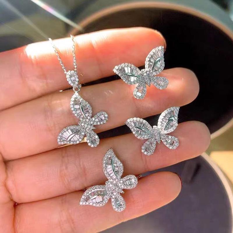 Butterfly Zircon Jewelry Set: Elegant Diamond Necklace, Versatile Butterfly Stud Earrings, Fashion Design Ring