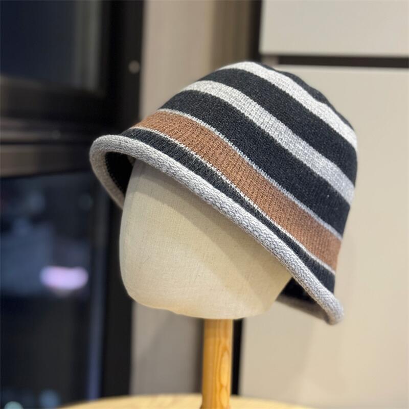 Autumn and Winter Contrasting Color Fisherman's Hat Children's Striped Splicing Knitted Hat Plain Face Washbasin Hat Wool Bucket Hat
