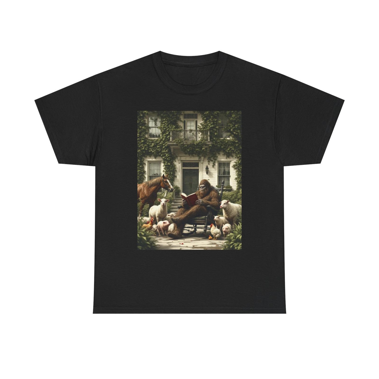 Bigfoot Reading Stories to Farm Animals T-Shirt Fun & Whimsical Sasquatch Design 4XL