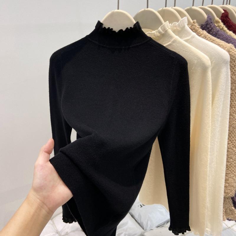 Autumn and winter lace semi-turtleneck knitted bottoming shirt women's soft waxy sweater temperament with high-end long-sleeved top