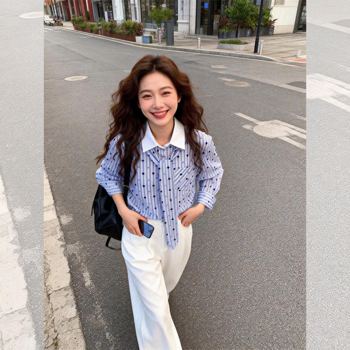 

Chic Korean Style Polka Dot Stripe Shirt with Lapel and Tie for Women - Slimming and Fashionable Design for Spring/Autumn 4XL