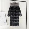 Womens Oversized Knee-Length Puffer Coat Black Glossy With Detachable Faux Fur Collar Warm Winter Outerwear
