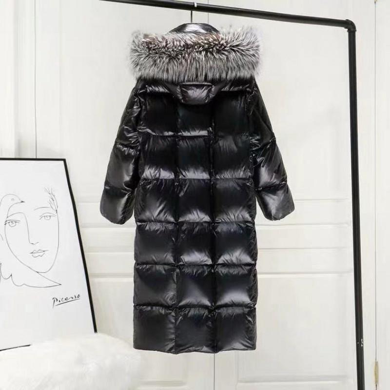 Womens Oversized Knee-Length Puffer Coat Black Glossy With Detachable Faux Fur Collar Warm Winter Outerwear