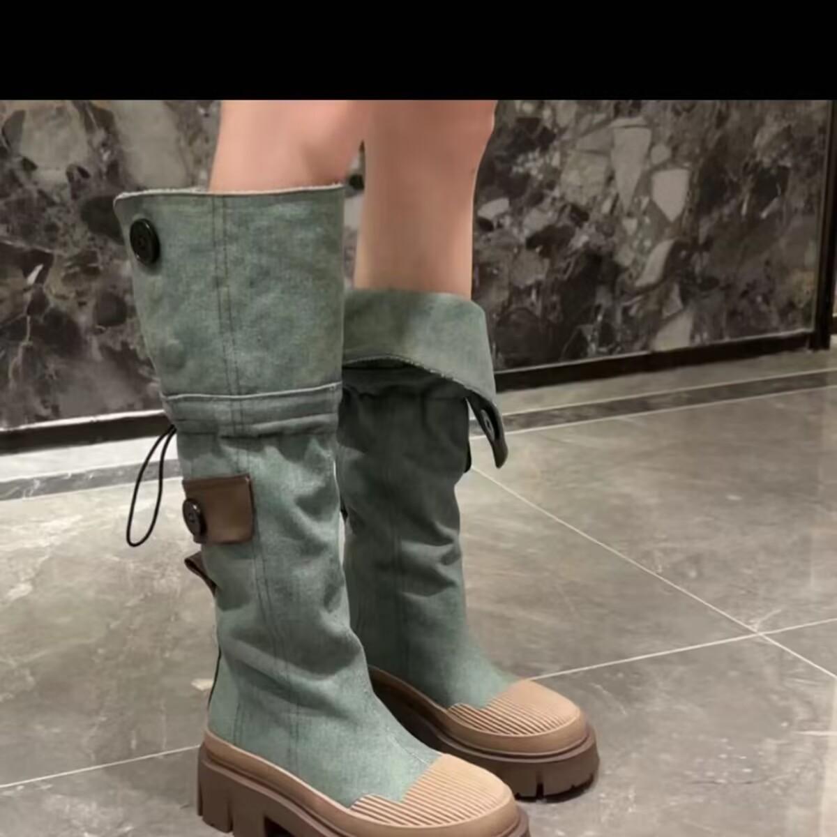 

Ботинки на толстой платформе из ретро-денима для женщин 2024 года, осенние ковбойские сапоги в стиле вестерн с лоскутным узором, женские толстые каблуки до середины голени 40 baby голубой