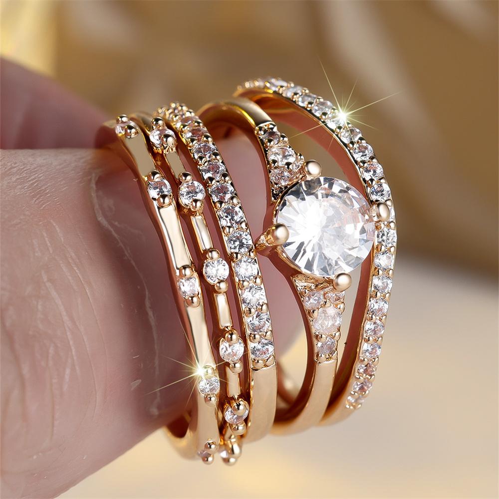 5pcs/Set Luxury Crystal Round Stone Engagement Ring Sets For Women Vintage Gold Color White Zircon Wedding Jewelry Bridal Gifts