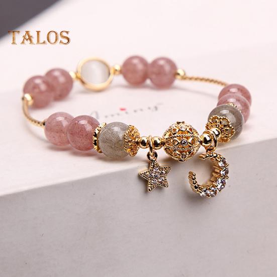 Women Bracelet Smooth Bead Polished Star Moon Pendant Rhinestone Adjustable Shopping Work Party Dating Wrist Chain Lady Jewelry