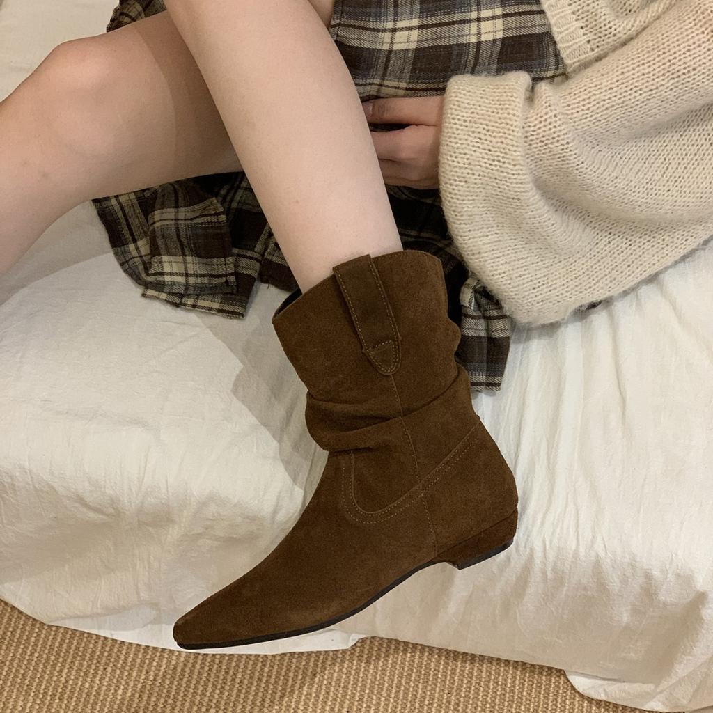 Verze z hovězí kůže! Retro dámské nízkopodpatkové špičaté westernové kovbojské pile boty podzim a zima nové Martensky univerzální tenké boty