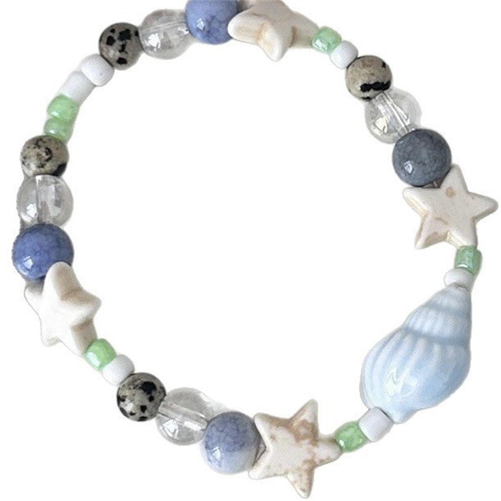 Vintage Sea  Bracelet Green Conch Bracelet Glass Bead Hand Chain Celestial Star Bangle Ocean  Hand Chain Elastic Beaded Bangle Jewelry for Women