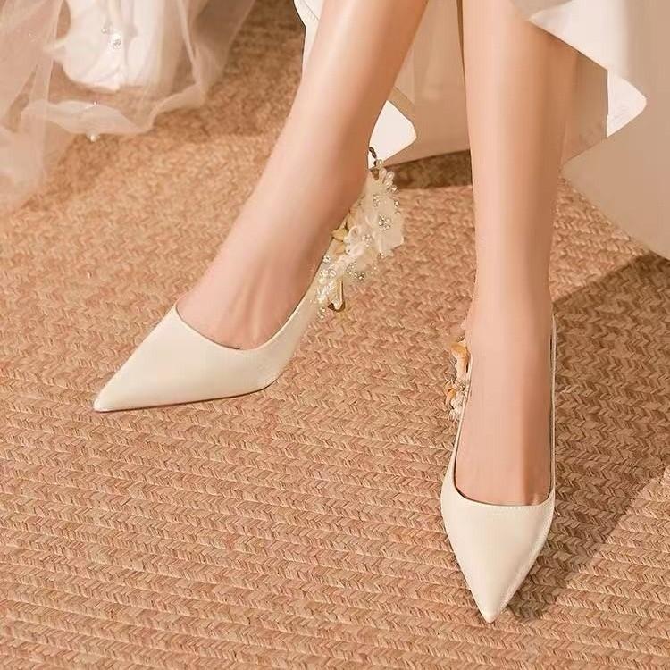 Sweet Ankle Strap Sandals Woman Slides Wedding Thin High Heels Shoes Women Solid Slip On Pointed Toe Flower Summer Sandals