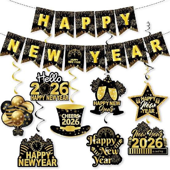 Colorful Happy New Year Banner & Hanging Swirls, Neon Themed 2026 Happy New Years Paper Banner Ceiling Swirl Streamers for New Years Eve Party