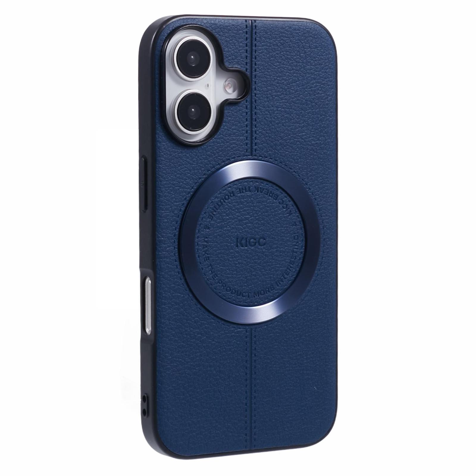 

KIGC For iPhone 16 Case Compatible with MagSafe Litchi Texture Leather Coated PC+TPU Phone Cover Blue