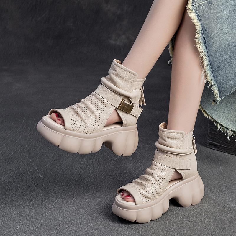 Sommer Sandalen für Damen aus echtem Leder mit offenen Zehen und Perforation im Retro-Stil, atmungsaktive Mules mit Reißverschluss hinten