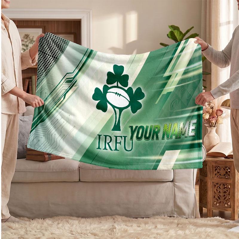 Ireland Rugby Flannel Blanket, Custom Name Text Personalized Soft Throw Blanket Home Decor Gift