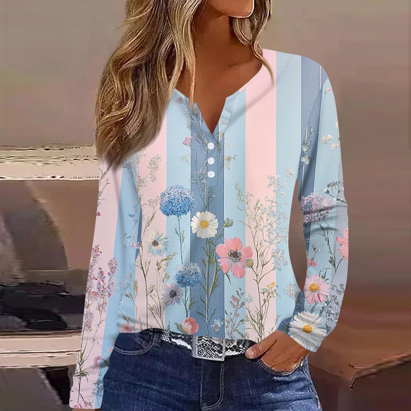 Жен. Футболка Футболка С принтом Пуговицы Длинный рукав Повседневные Выходные Мода — фото 6