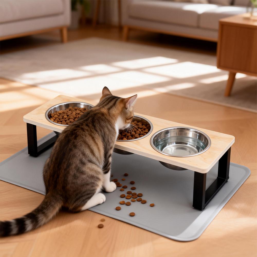 3 Bowls Cat Bowl Stand Iron Frame Elevated Pet Feeder Silicone Cat Bowl Mat Waterproof Anti-slip Pet Feeding Mat for Cats