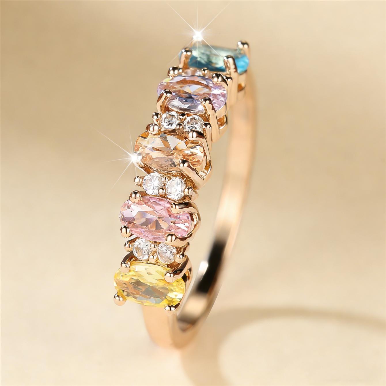 

Luxury Female Small Rainbow Oval Zircon Stone Ring Vintage Gold Color Wedding Jewelry For Women 6