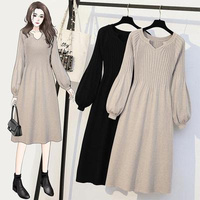 Women's Spring and Autumn Plus Size Solid Colour Mid Length Knitted Sweater Bottom Shirt Long Sleeve Dresses