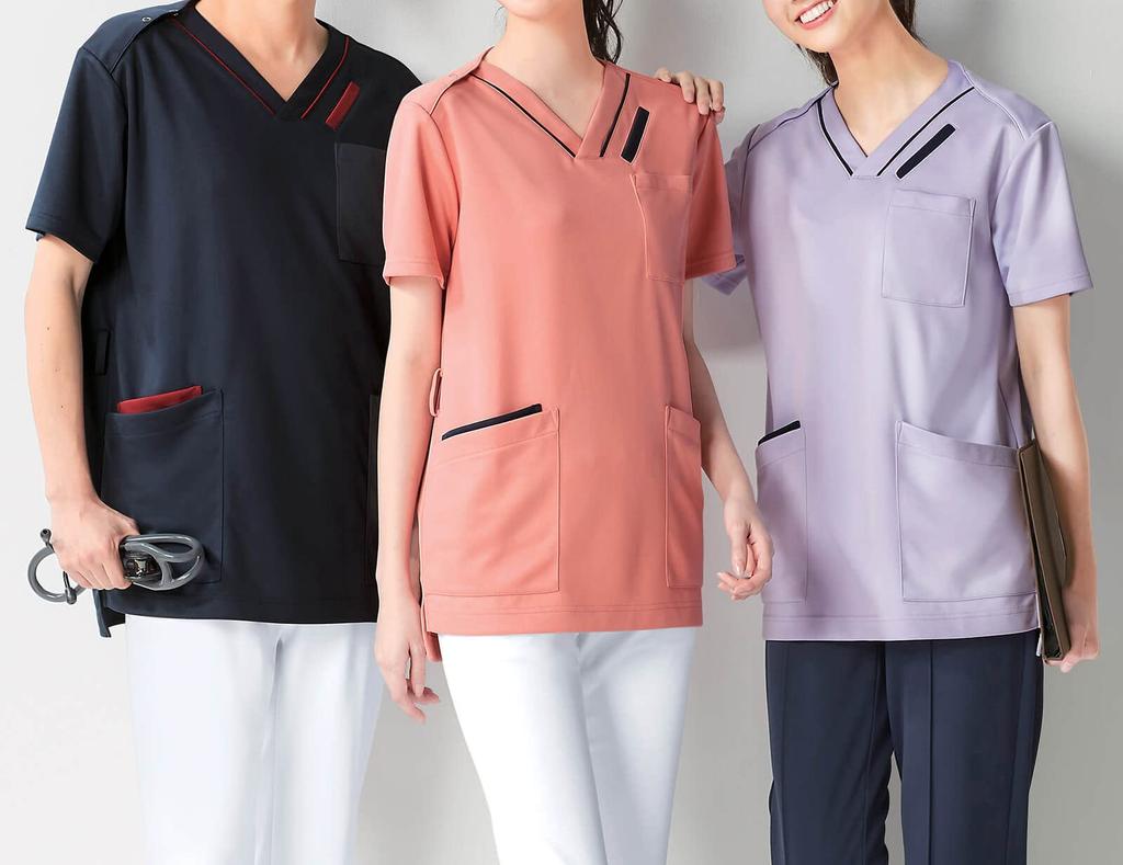 Anfamie Nurse Scrubs, Powder Stretch, Color-Coordinated Pockets, Antibacterial, Odor Resistant, Opaque, Moisture-Wicking, Quick-Drying, Navy X Burgund