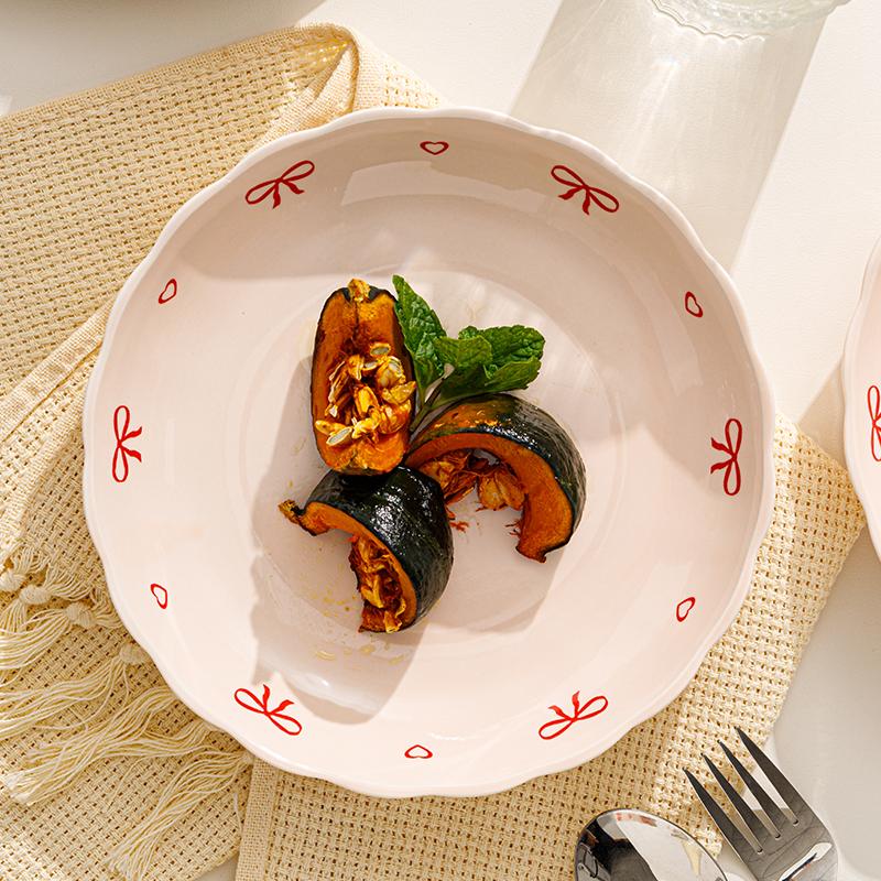 Bow Pattern Ceramic Plates Household 8 Inch Underglazed Colour Cream Wind High End Dinner Tableware Aesthetic Pink Deepen Dish