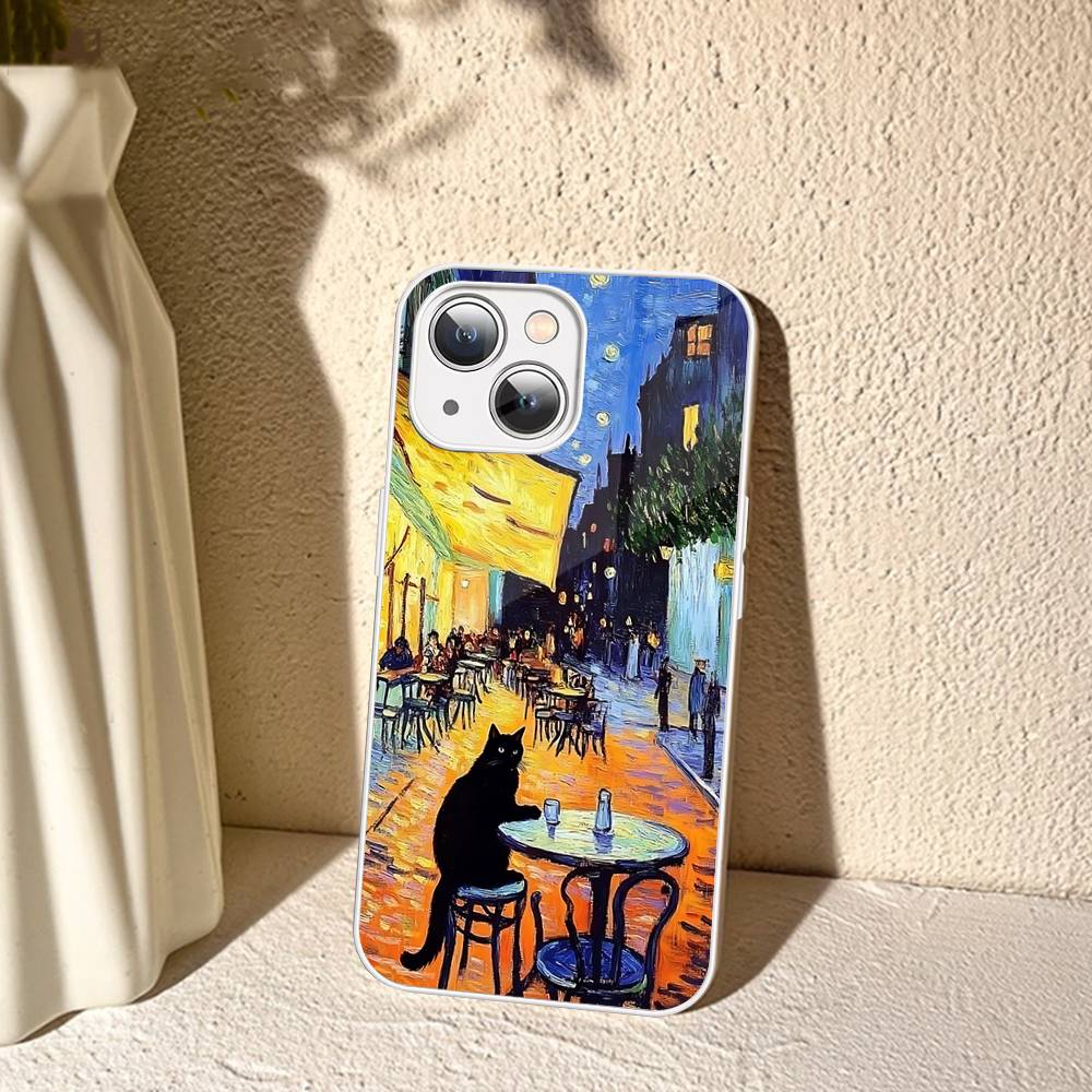 Black Cat Van Gogh Tempered Glass For Iphone 14 13 12 11 Pro Mini XS MAX 14Plus X XS XR Cover