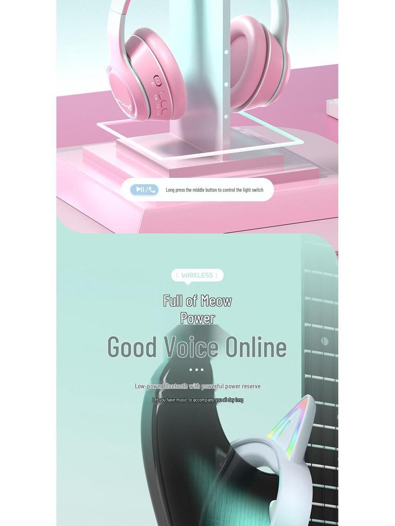Luminous Cat Ear Bluetooth 5.3 Headphones with Card Slot for Gaming and Online Classes