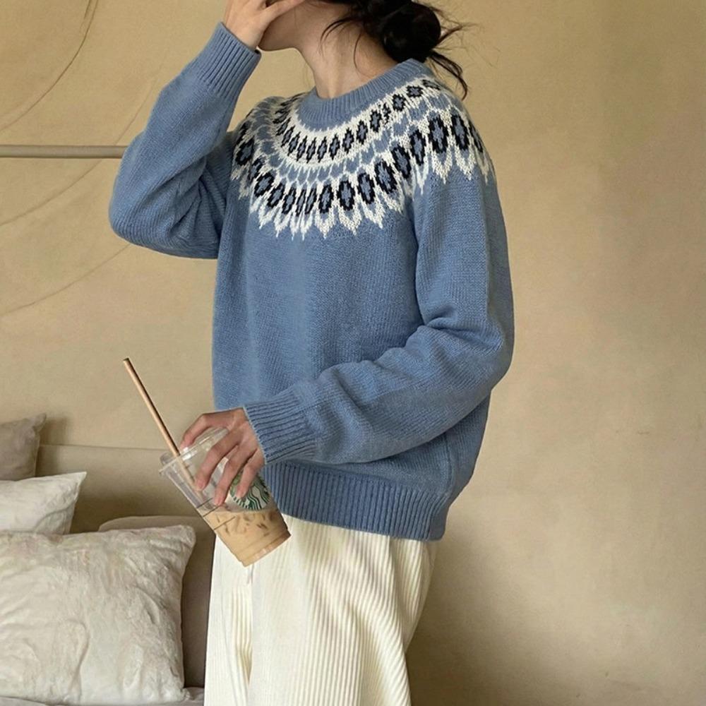 Women's Crew Neck Long Sleeve Sweater Regular Fit Casual Fair Isle Knit Pullover Top