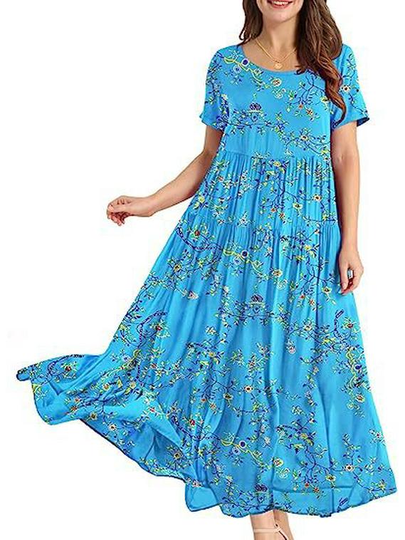 2023 Summer Pleated Floral Mid-Length Dress – Comfortable & Casual Loose Fit