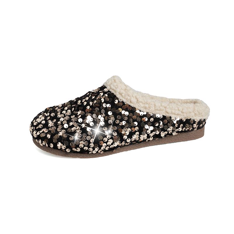 Sequin Baotou Slippers Autumn and Winter New Round Toe Deep Mouth Soft Sole Non-slip Wear-resistant Flat Shoes