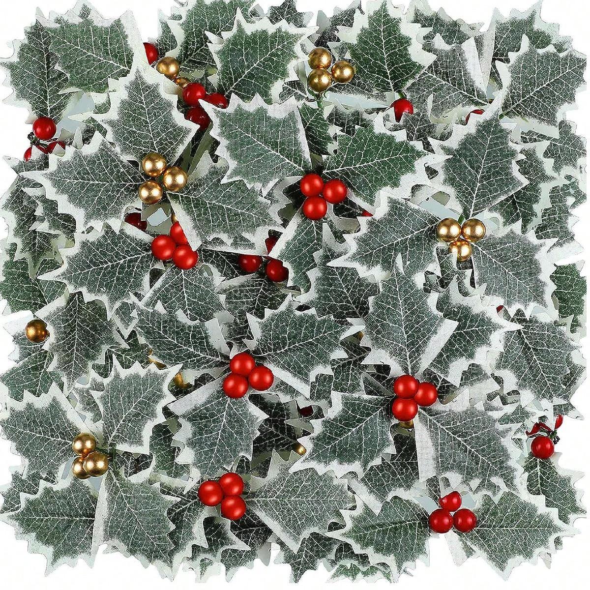 

5-50PCS Christmas Holly Berries with Green Leaves DIY Wreath Artificial Fake Flowers Red Berry Decor For Xmas Tree New Year 5PCS