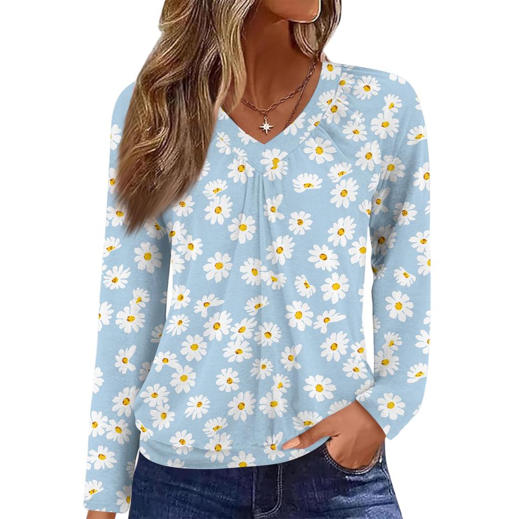 Women's Casual Fashion V-Neck Raglan Pleated Floral Print Long Sleeve Top