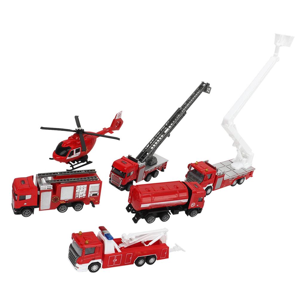 1:50 6pcs Diecast Fire Truck Vehicle Toy Set Pull Back Helicopter Ladder Emergency Vehicle