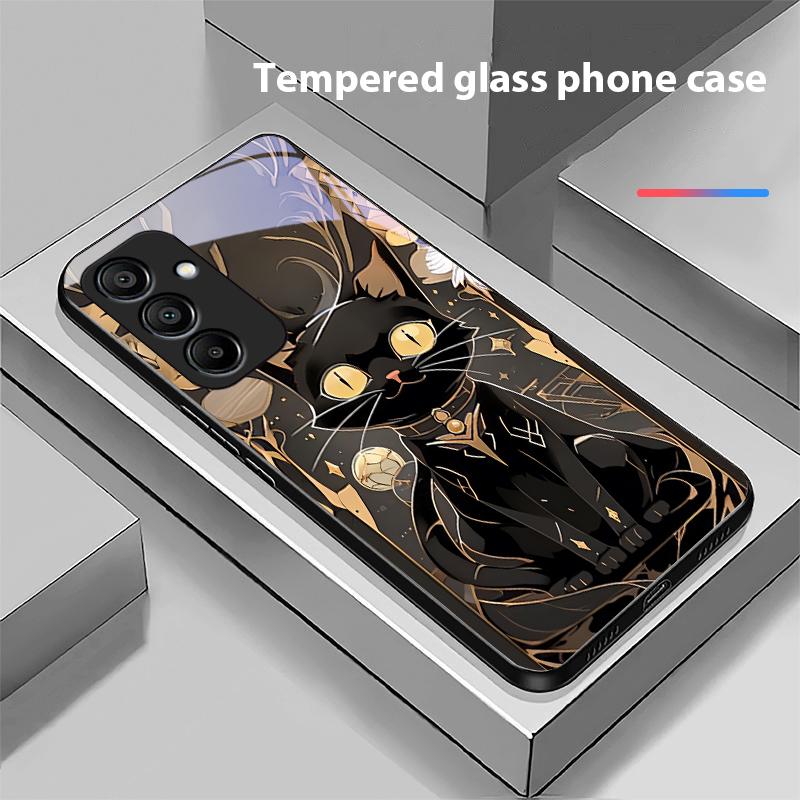 Black Gold Cat For Samsung Galaxy A15 5G 54 4G 51 50 24 35 90 71 12 51 53 52S 80 22 34 Black Tempered Glass Phone Case