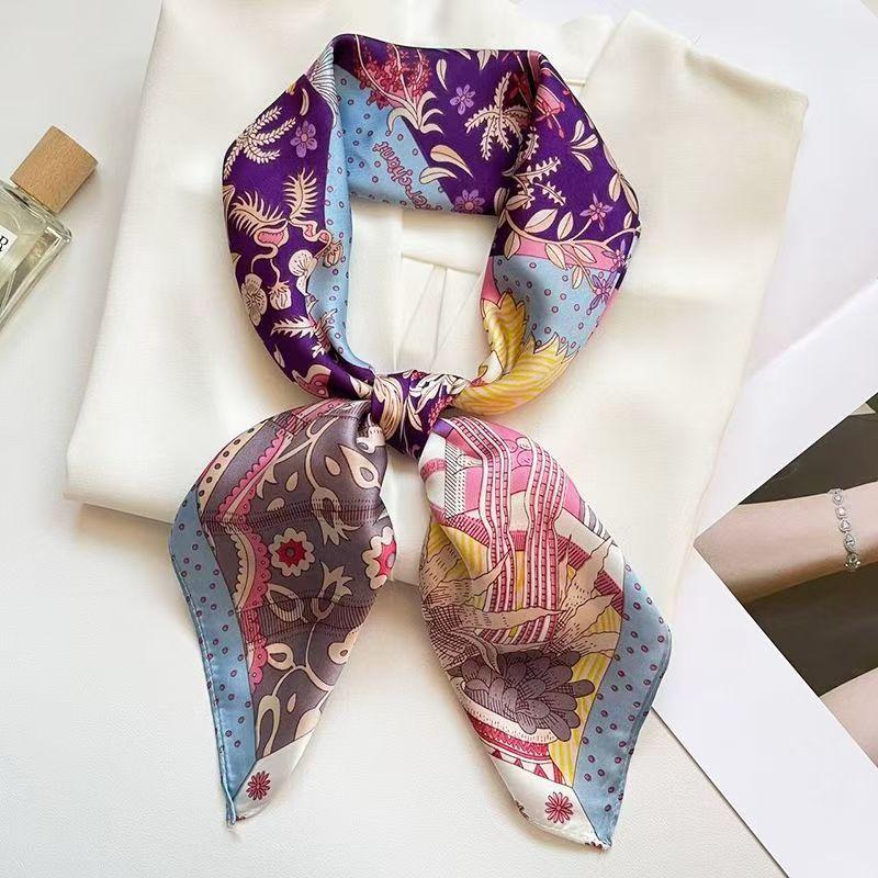 Elegant Square Silk Scarf Flower Pattern Handbag Wraps Head Handkerchief 70*70Cm Double Sides Neckerchief Women