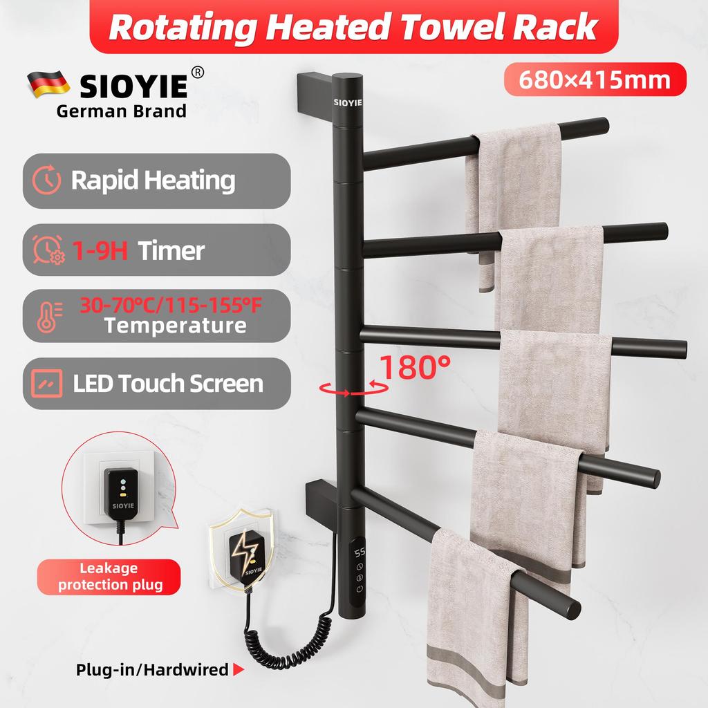 SIOYIE Electric Heated Towel Rack, Rotating Towel Warmer, Smart Bathroom Radiator, Plug-In/Hardwired Heater